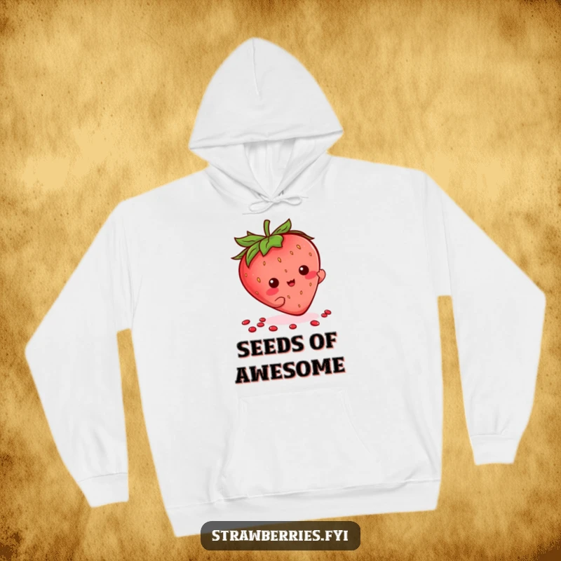 Funny Kawaii Strawberry Hoodie depicting a character energetically doing a little flourish with its seeds.