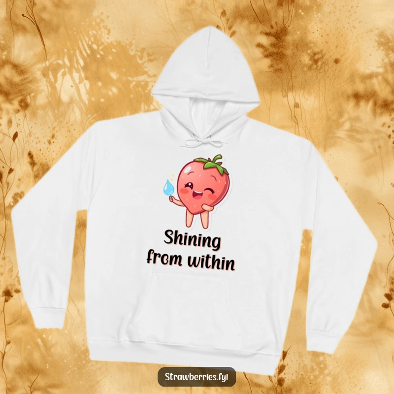 Funny hoodie featuring a happy strawberry character holding a sparkling dewdrop, offering cozy warmth and cheerful humor.