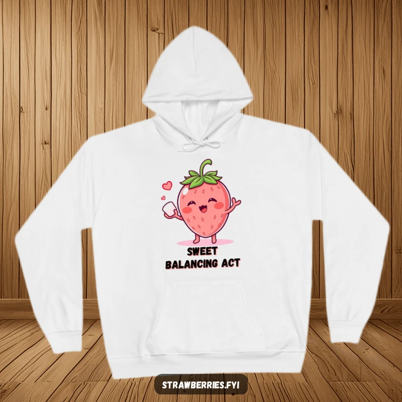 Funny hoodie featuring a giggling strawberry character juggling a sugar cube, offering cozy warmth and a dose of playful, sweet humor.