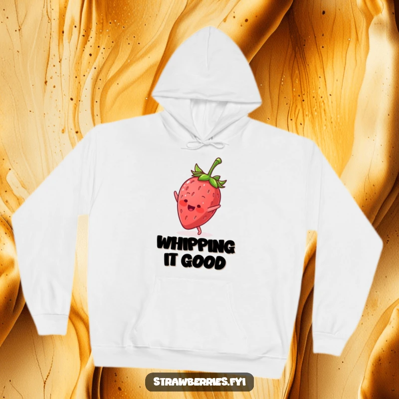 Funny hoodie depicting a happy anthropomorphic strawberry executing a perfect cartwheel, radiating fun and energy.