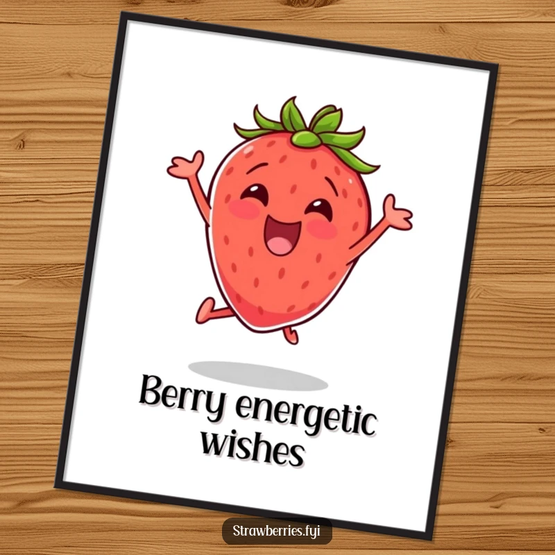 Funny Free Printable Wall Art: An energetic strawberry mid-jumping jack, bringing dynamic fruit-themed fun and excitement to your wall space.