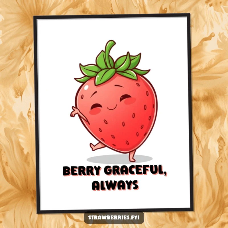 Funny free printable wall art featuring a wobbly anthropomorphic strawberry in a hilariously unsuccessful attempt at a graceful pose, perfect for quirky decor.