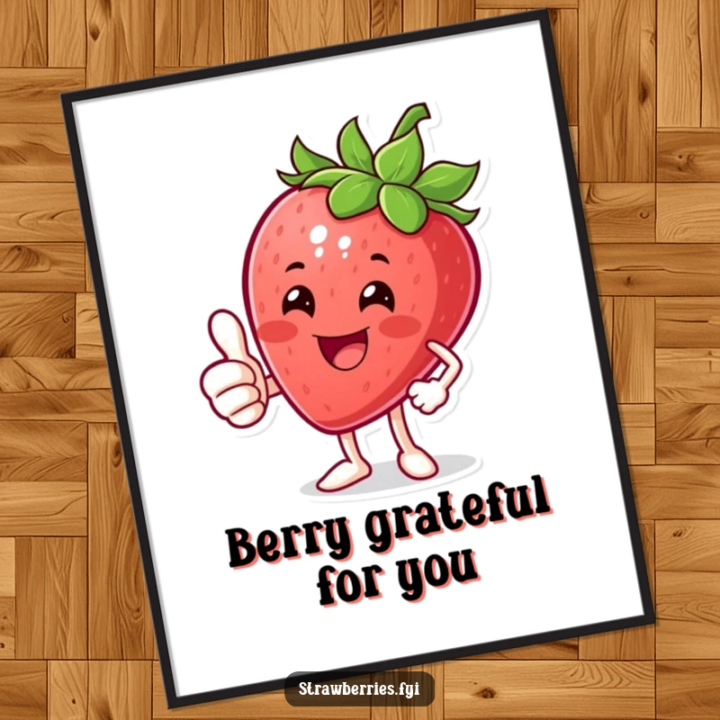 Funny Free Printable Wall Art: A beaming anthropomorphic strawberry gives a big thumbs up, radiating positivity and good vibes.