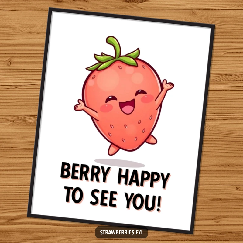 Funny Free Printable Wall Art depicting a hyperactive Kawaii strawberry character leaping joyfully, perfect for cheerful decor.