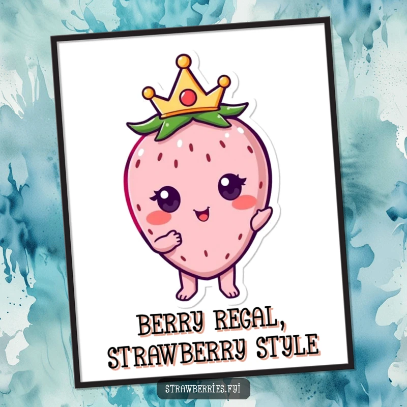 Funny Free Printable Wall Art: A kawaii strawberry character wearing a miniature crown, striking a humorous and regal pose.