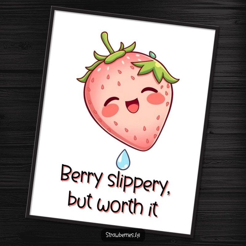 Funny Free Printable Wall Art: Strawberry character joyfully sliding down a giant dew drop, captured in a moment of pure mirth.