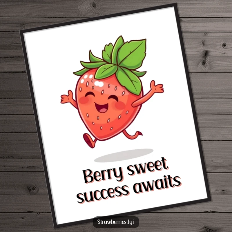 Funny Free Printable Wall Art: A happy strawberry character with a leafy crown, captured mid-hop with joy.