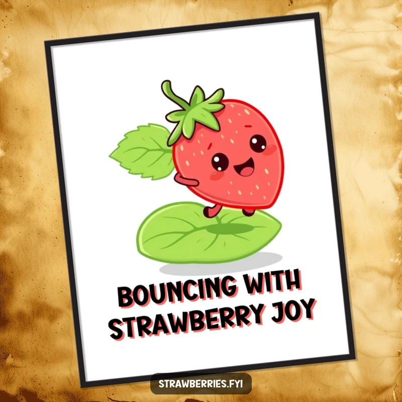 Free Printable Wall Art: A bouncy strawberry character joyfully bouncing on a soft green leaf, adding playful energy.