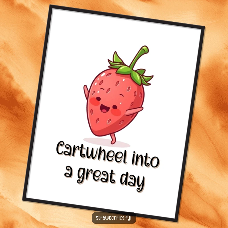 Funny Free Printable Wall Art: an anthropomorphic strawberry performing an energetic cartwheel, adding a splash of playful movement.