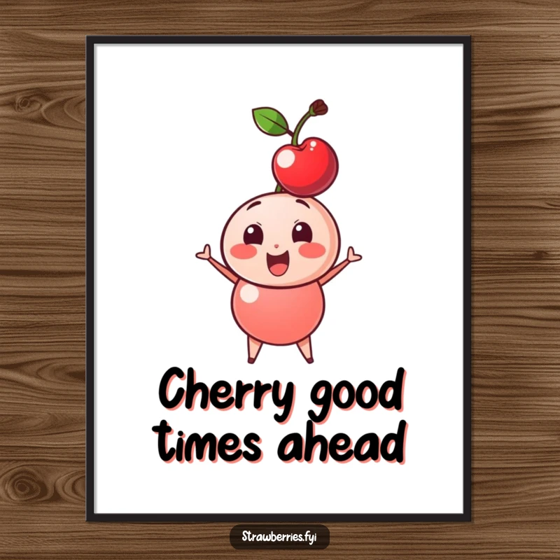 Funny Free Printable Wall Art: A happy cherry character with a slight wobble, exuding innocent charm and cheer.