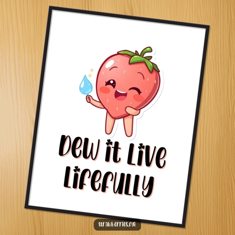 Funny Free Printable Wall Art: A happy strawberry character holding a large, perfectly clear, sparkling dewdrop up to the light.