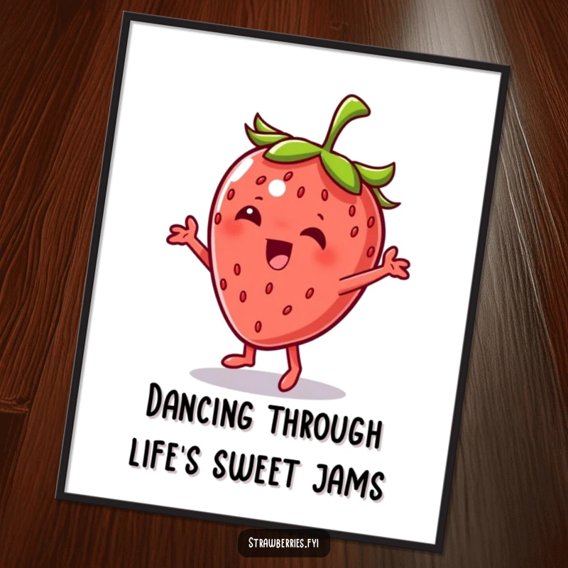 Funny Free Printable Wall Art: A strawberry character in a dynamic dance pose, exuding cool, jaunty confidence.
