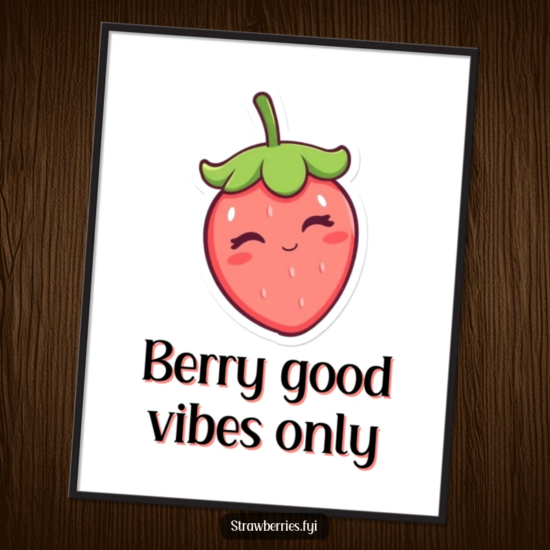 Funny Free Printable wall art of a kawaii strawberry character winking mischievously and tipping its leafy cap with charm.