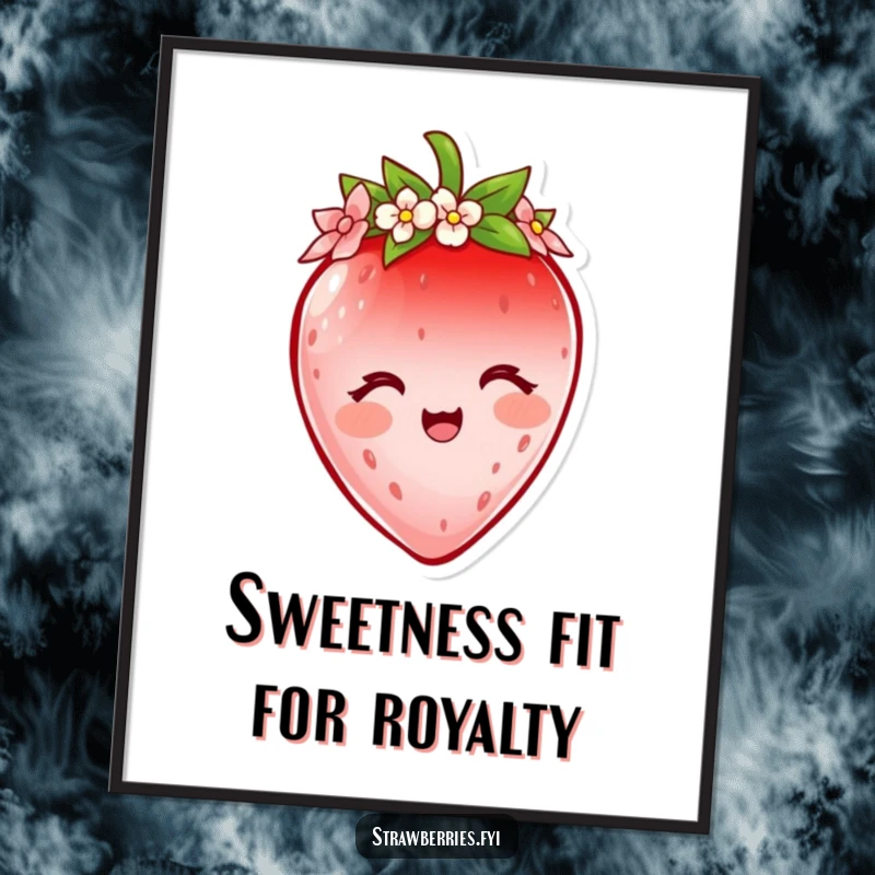 Free Printable Wall Art: A delighted strawberry character wearing a tiny flower petal crown, exuding sweet charm.