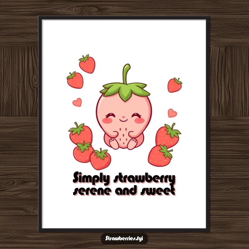 Funny free printable wall art of a peaceful strawberry sitting with a content smile, adding serene humor to decor.