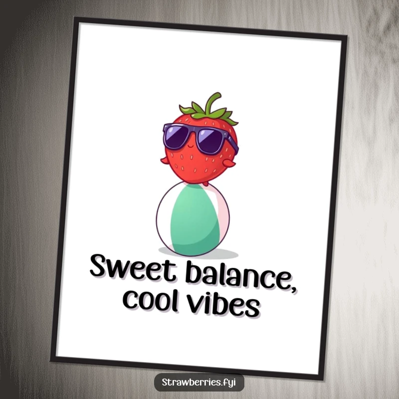 Funny Free Printable Wall Art: A strawberry character wearing tiny sunglasses, balancing on a beach ball, exuding cool vibes.