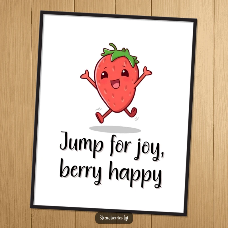 Funny Free Printable Wall Art: Strawberry character doing energetic little hops, embodying pure excitement and playful movement.