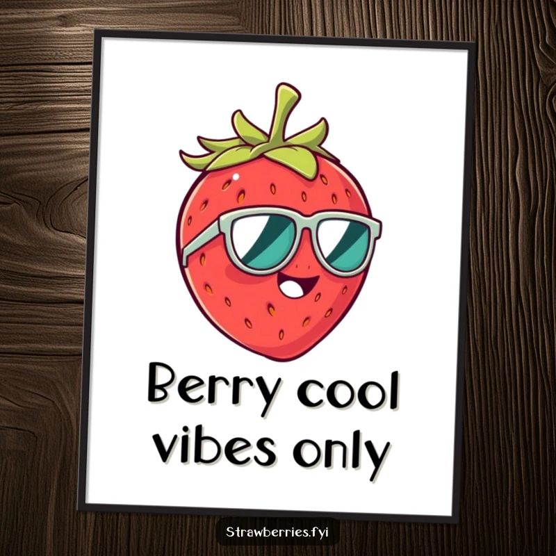 Funny Free Printable Wall Art: Adorable strawberry character wearing miniature sunglasses, giggling with pure delight.