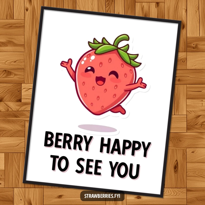 Funny Free Printable Wall Art: Kawaii strawberry character in a joyful leap, adding humor and charm to any room.