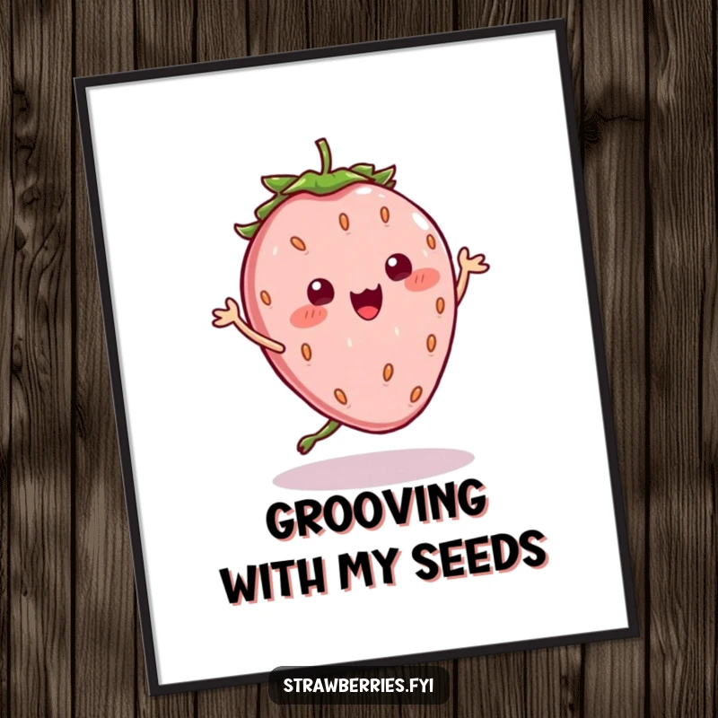Funny Free Printable Wall Art: Kawaii strawberry performing a silly dance with wobbly seeds, adding playful humor.
