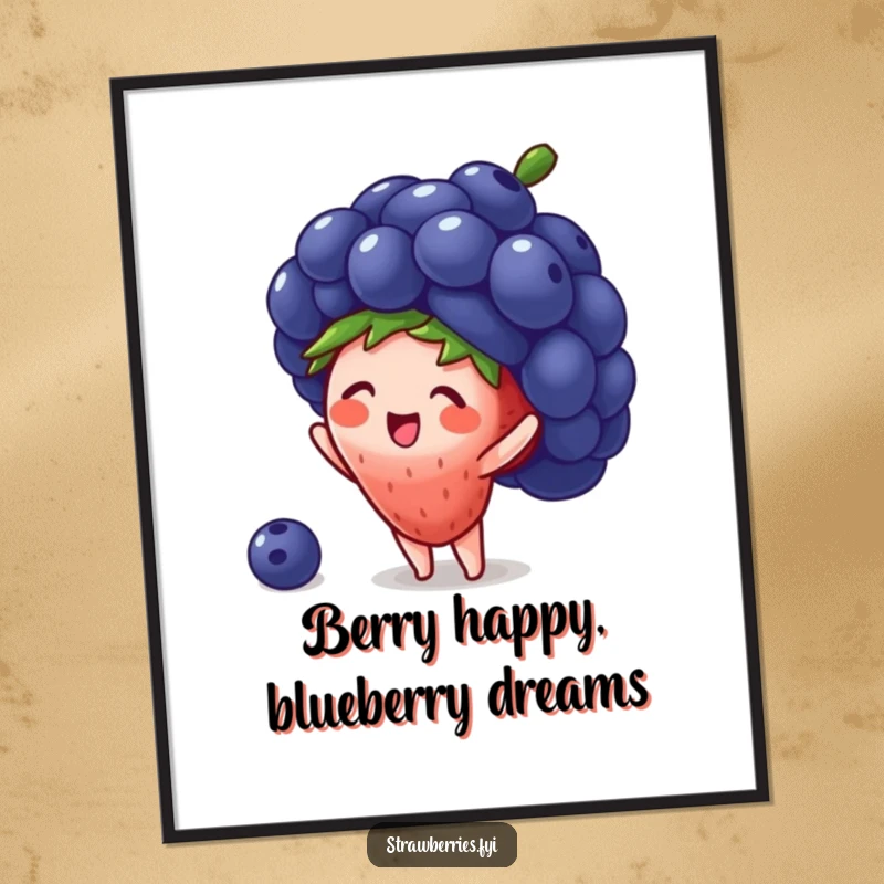 Funny Free Printable Wall Art: A tiny strawberry gleefully tries to wear a giant blueberry as a stylish, oversized hat.