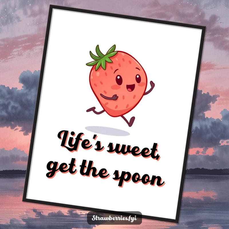 Funny Free Printable Wall Art: A strawberry with tiny legs excitedly sprints towards a giant, gleaming spoon.