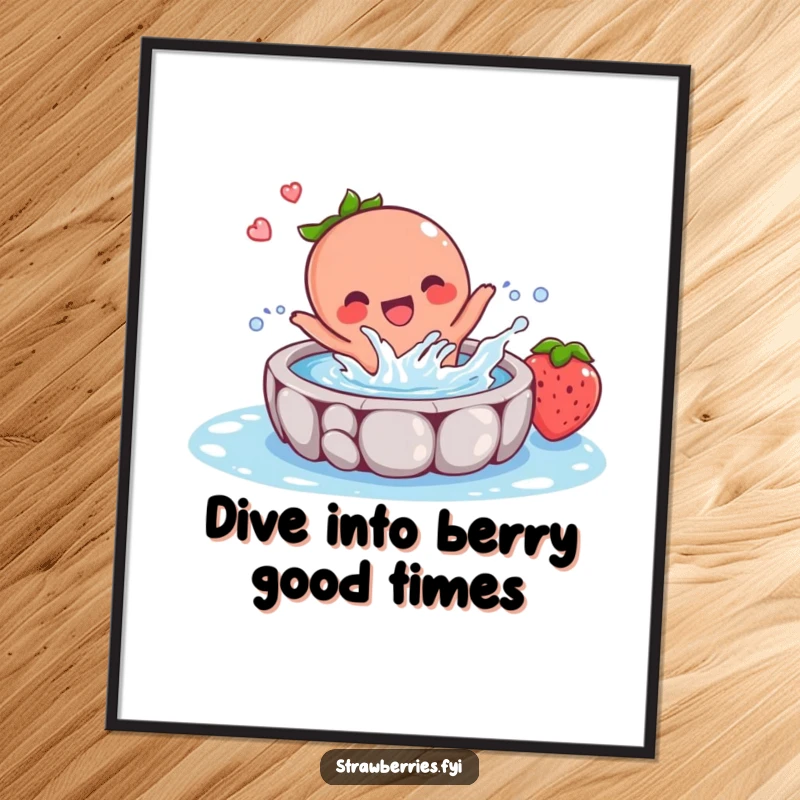 Funny Free Printable Wall Art: Strawberry character joyfully splashing in a tiny pool, radiating happiness and playful energy.