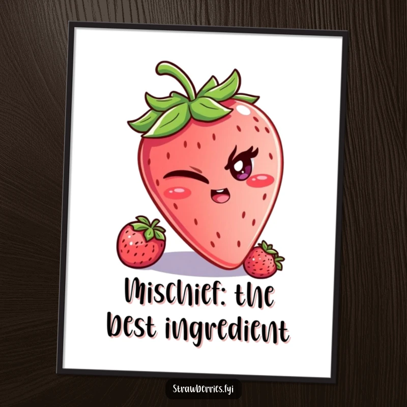 Funny Free Printable Wall Art: A strawberry character winking with a knowing, mischievous glint, radiating playful energy.
