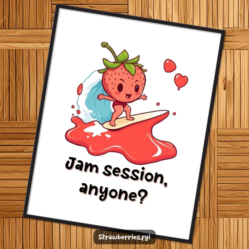 Funny free printable wall art: A determined strawberry bravely attempts to surf on a large, vibrant cresting wave of thick jam.