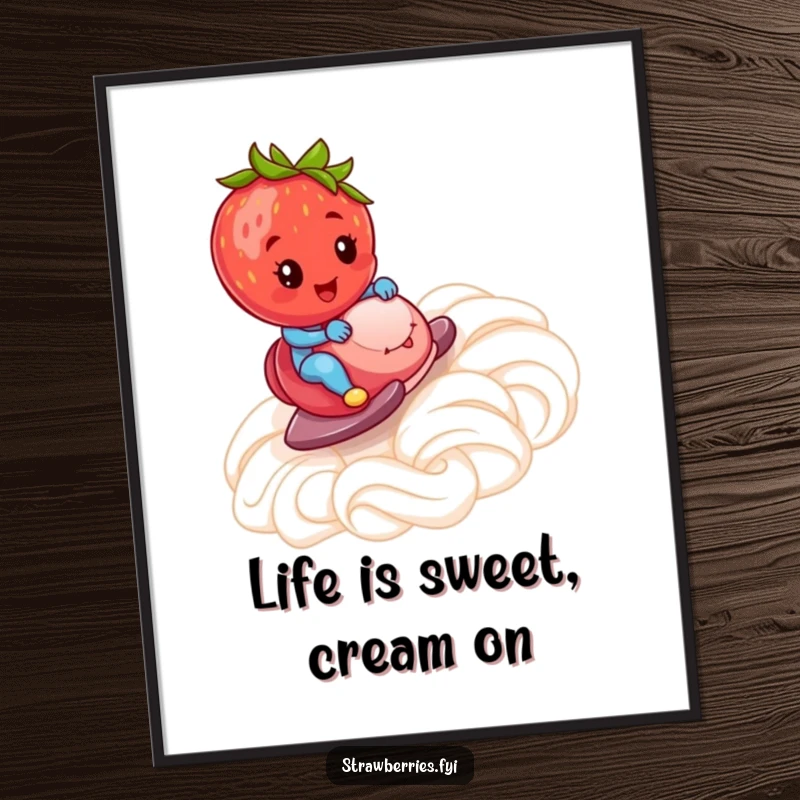 Funny free printable wall art: A cheerful strawberry rapidly zooms down a ramp constructed entirely of fluffy whipped cream.