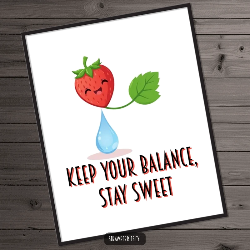 Funny free printable wall art: A delighted strawberry is captured in a moment of perfect balance on a tiny, glistening dewdrop.