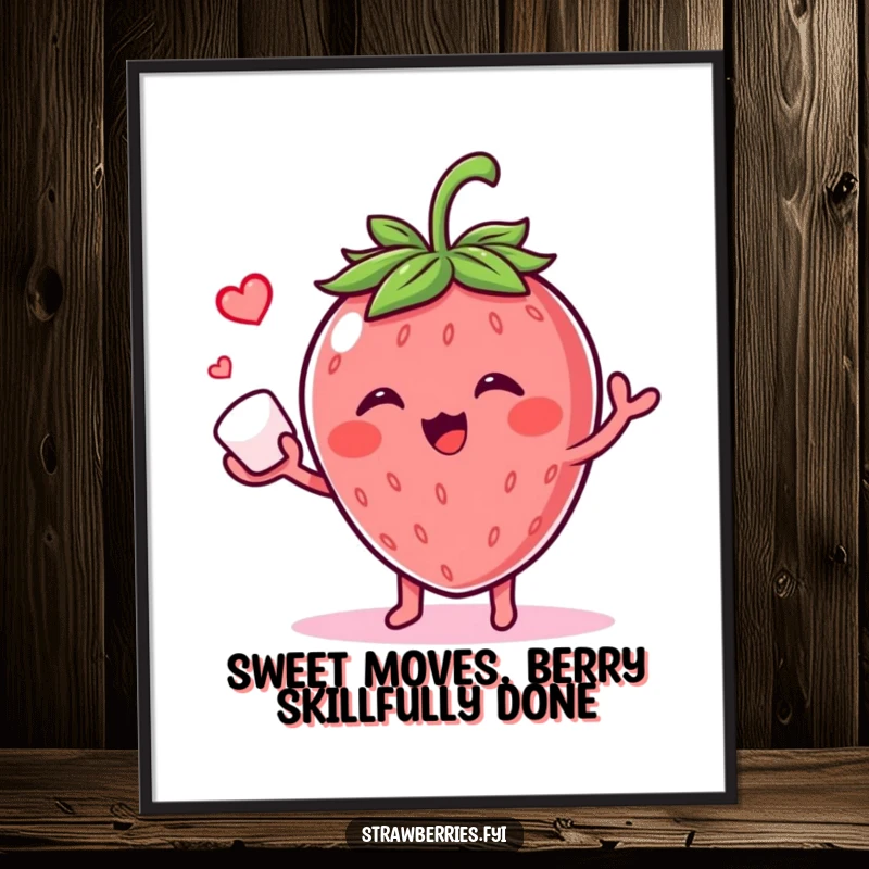 Funny Free Printable Wall Art: A giggling strawberry character skillfully juggling a tiny sugar cube, radiating fun.