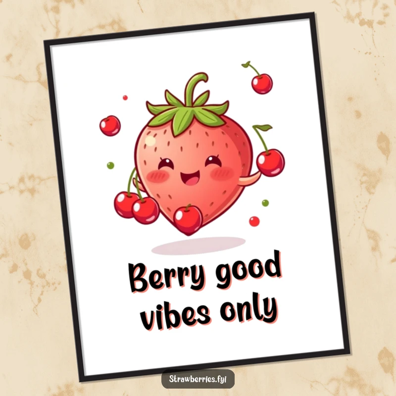 Funny free printable wall art: A gleeful strawberry masterfully juggling tiny cherries, adding a whimsical and humorous touch to decor.