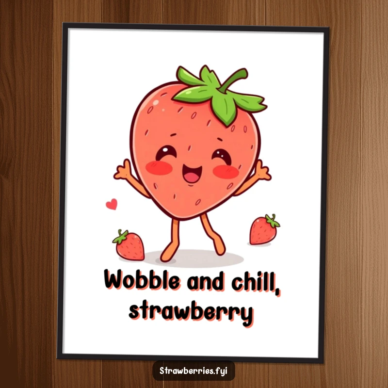 Funny Free Printable Wall Art: A kawaii strawberry character doing a vibrant and happy wobble dance, full of energy.