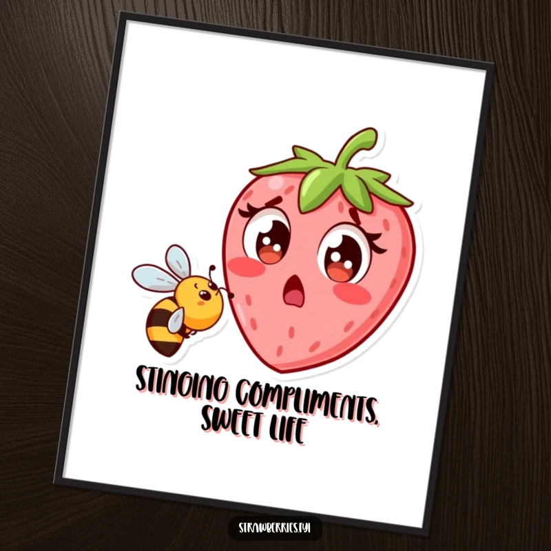 Funny Free Printable Wall Art: Surprised strawberry character narrowly missing a bee, comical and quirky downloadable art.