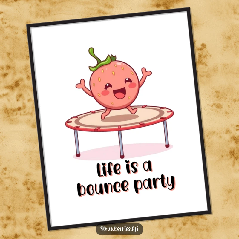 Funny Free Printable Wall Art: A cheerful strawberry character is captured mid-bounce, joyfully leaping on a giant trampoline.