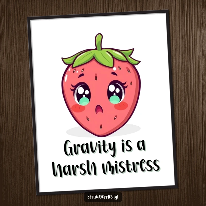 Funny free printable wall art: A strawberry with exaggerated wide eyes is depicted in a surprised, comical backward fall.
