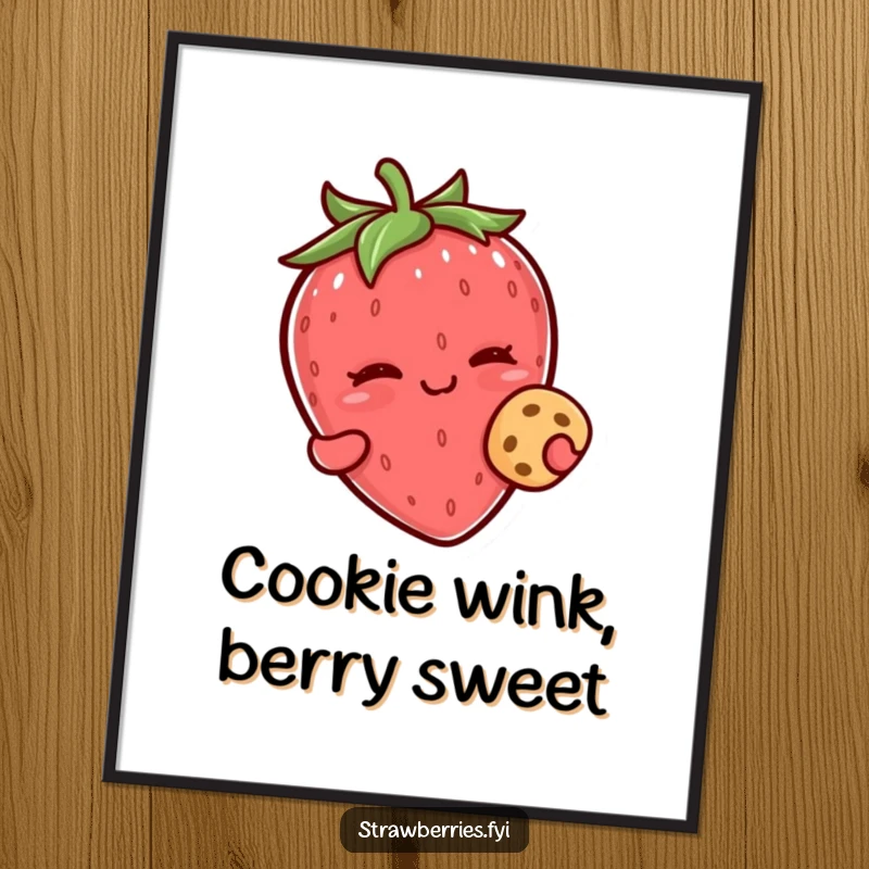 Funny Free Printable Wall Art: A kawaii strawberry character winking with a playful expression, holding a single tiny cookie.