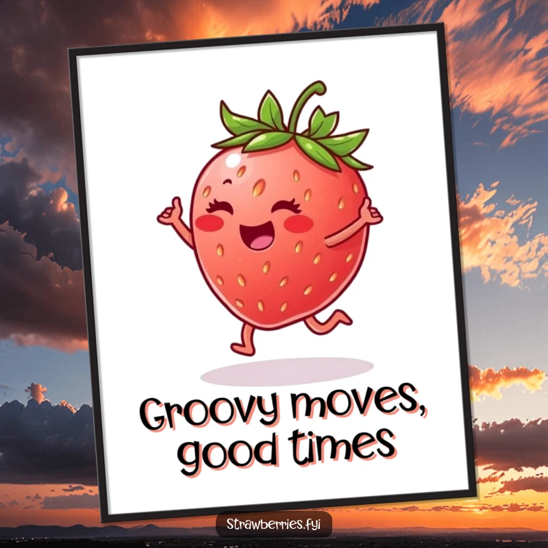 Funny free printable wall art: A joyful strawberry happily dancing on a leaf, bringing a sense of fun and movement.