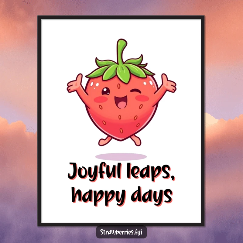 Funny Free Printable Wall Art: A strawberry character caught in a dynamic jump, arms reaching upwards in pure elation.