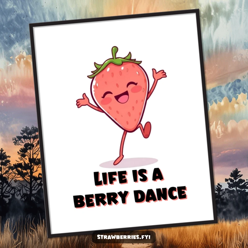 Funny Free Printable Wall Art: A joyful anthropomorphic strawberry is captured in a hilarious silly dance, exuding pure fun.