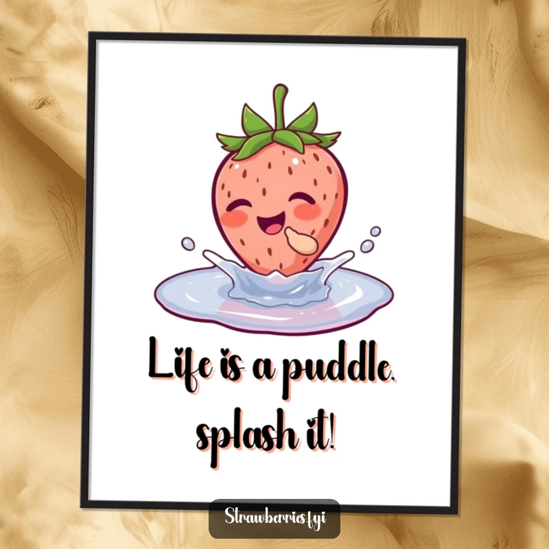Funny free printable wall art of a happy strawberry giggling while splashing in a small puddle, adding humor to decor.