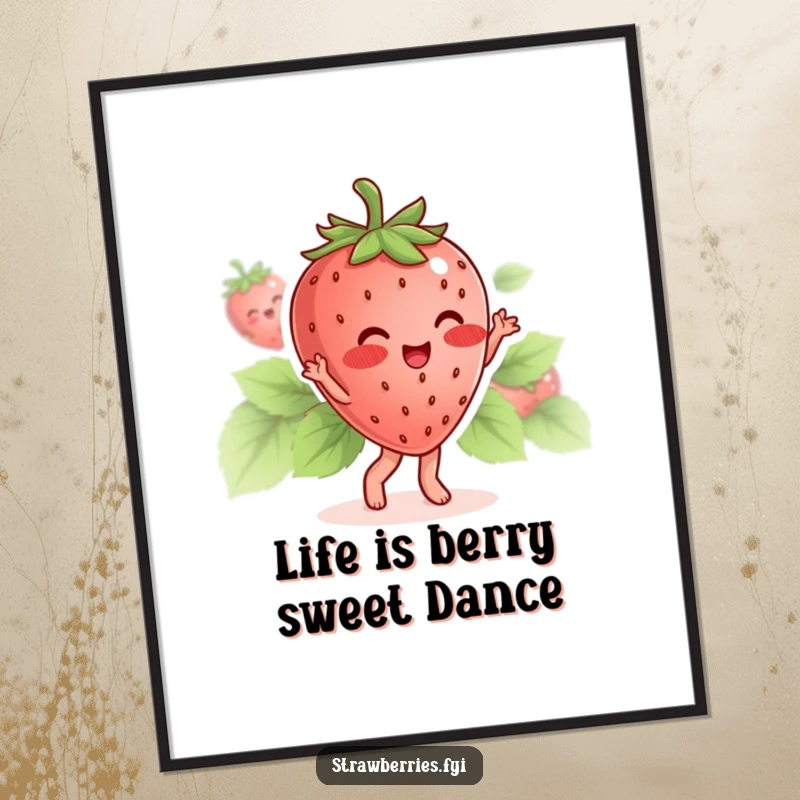 Funny Free Printable Wall Art depicting a blushing strawberry character in a state of pure joy, dancing with its leaves.