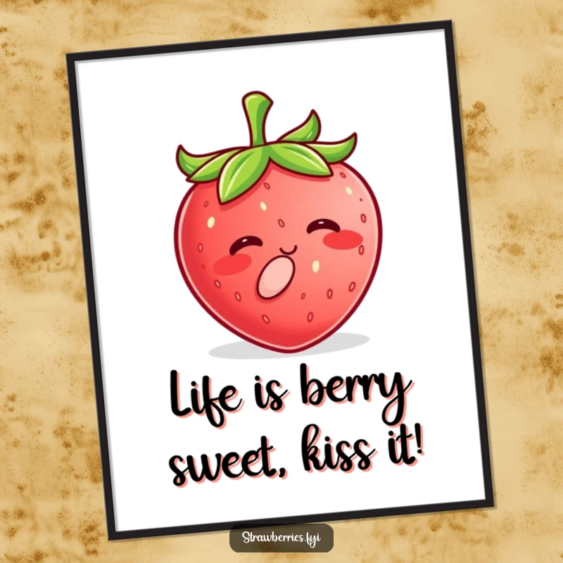 Funny free printable wall art of a happy Kawaii strawberry character blowing a tiny, sweet kiss. Adorable downloadable decor.