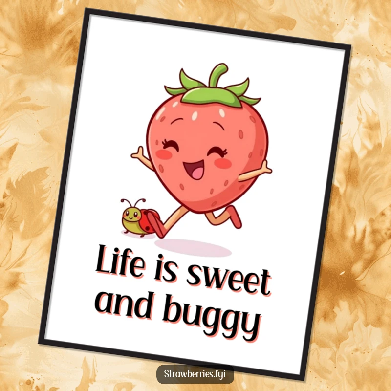 Free Printable Wall Art: A jovial strawberry character skipping happily with a small ladybug companion, exuding joy.