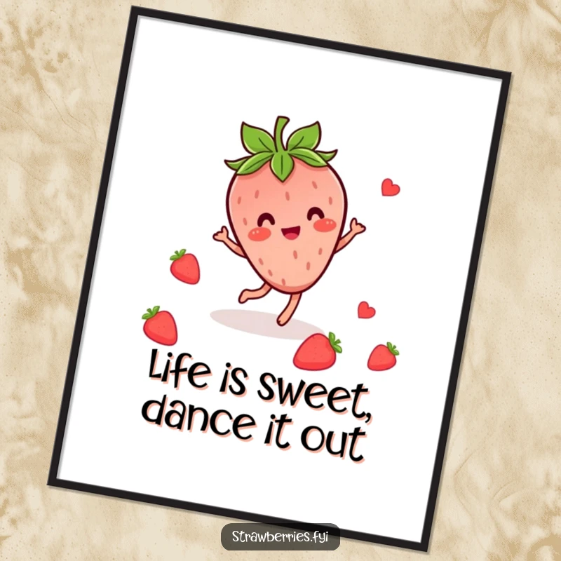 Funny Free Printable Wall Art of a happy Kawaii strawberry character doing a cheerful dance surrounded by whimsical leaves.