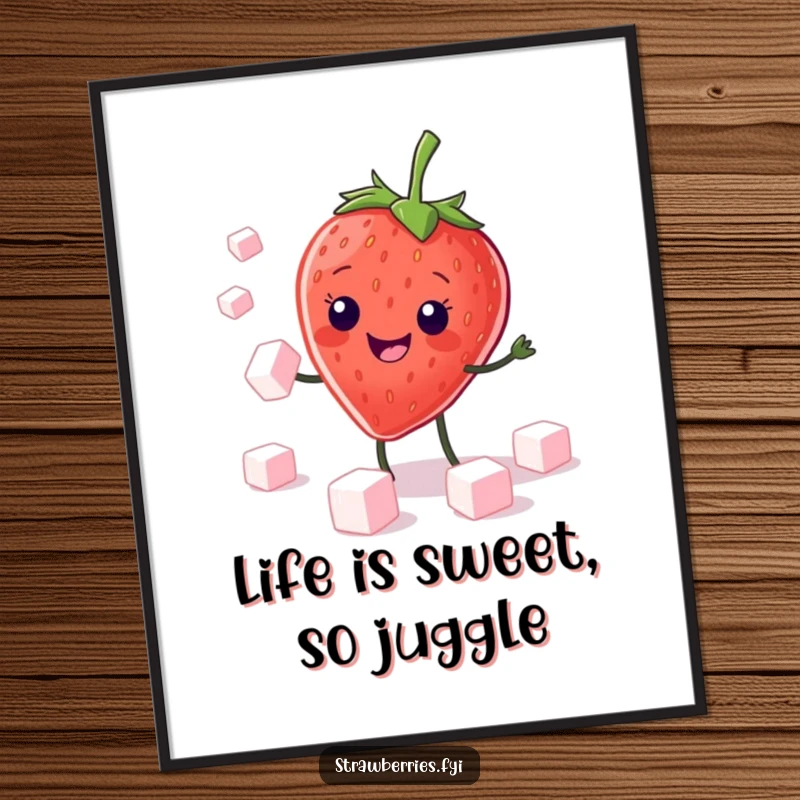 Funny Free Printable Wall Art: Kawaii strawberry juggling tiny sugar cubes with a wide grin, a playful art piece.