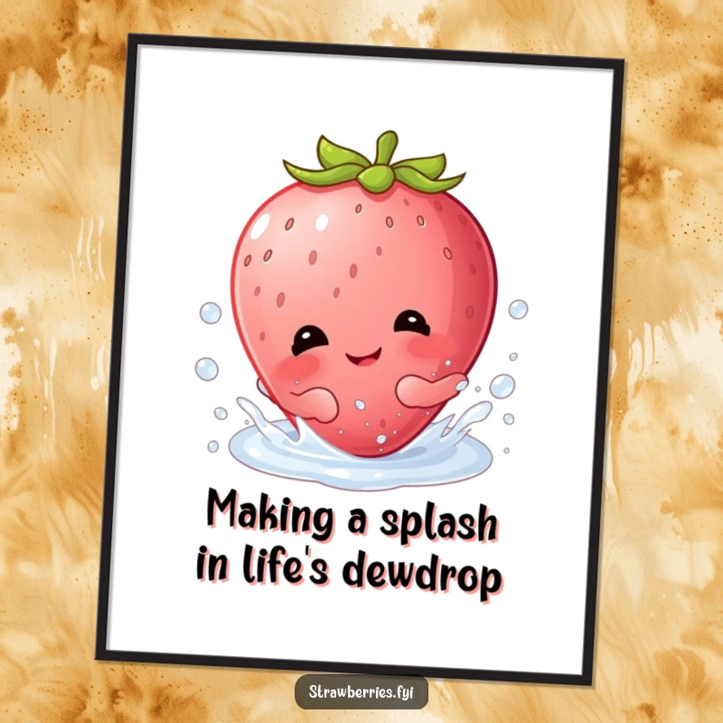 Funny Free Printable Wall Art of a giggling Kawaii strawberry character making a joyful splash in a glistening dewdrop.