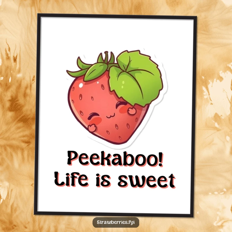 Funny Free Printable Wall Art: A strawberry character playfully peeking from behind a large green leaf, with a mischievous glint.