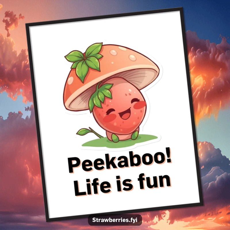 Funny Free Printable Wall Art featuring a giggling strawberry character peeking from under a mushroom, adding whimsical charm to a room, a downloadable gift.